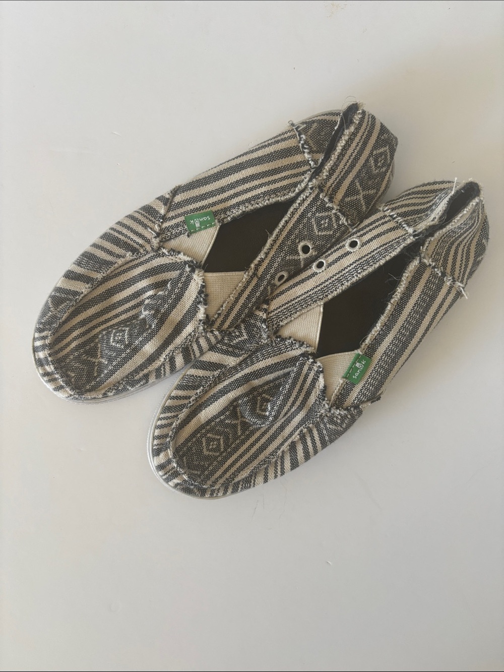 Sanuk Striped Canvas Donna Keys Ranch Slip On Shoes Black Cream Boho Size 8